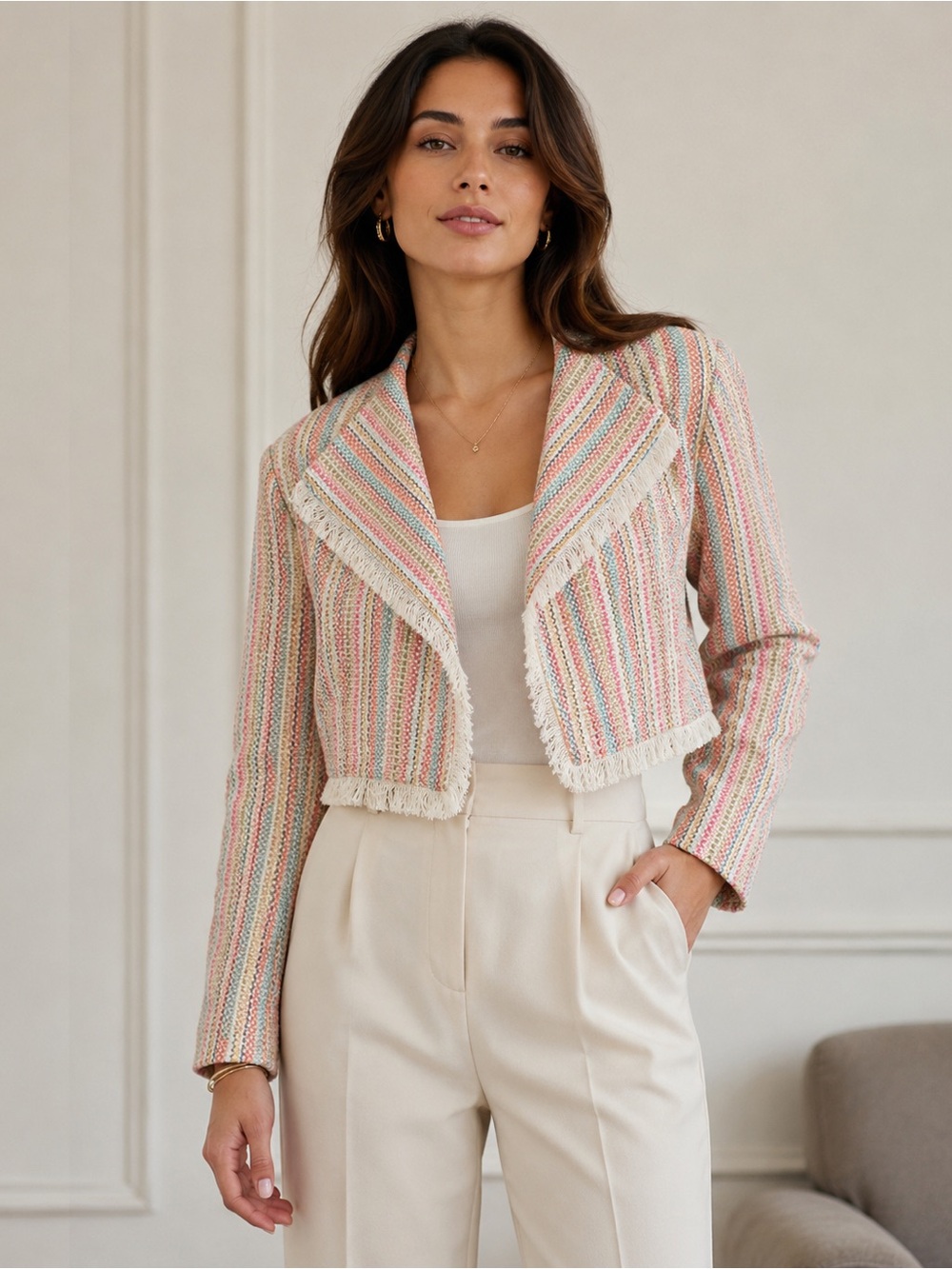Something Navy Women's Rainbow Crop Tweed Fringed Jacket XXS $250 Dior like